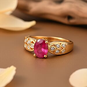 D'Joy Premium Niassa Ruby (FF) and Moissanite 1.90 ctw Leaf Ring in 18K YG Plated Sterling Silver (Size 9.0)