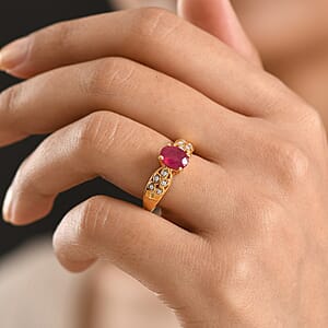 D'Joy Premium Niassa Ruby (FF) and Moissanite 1.90 ctw Leaf Ring in 18K YG Plated Sterling Silver (Size 9.0)