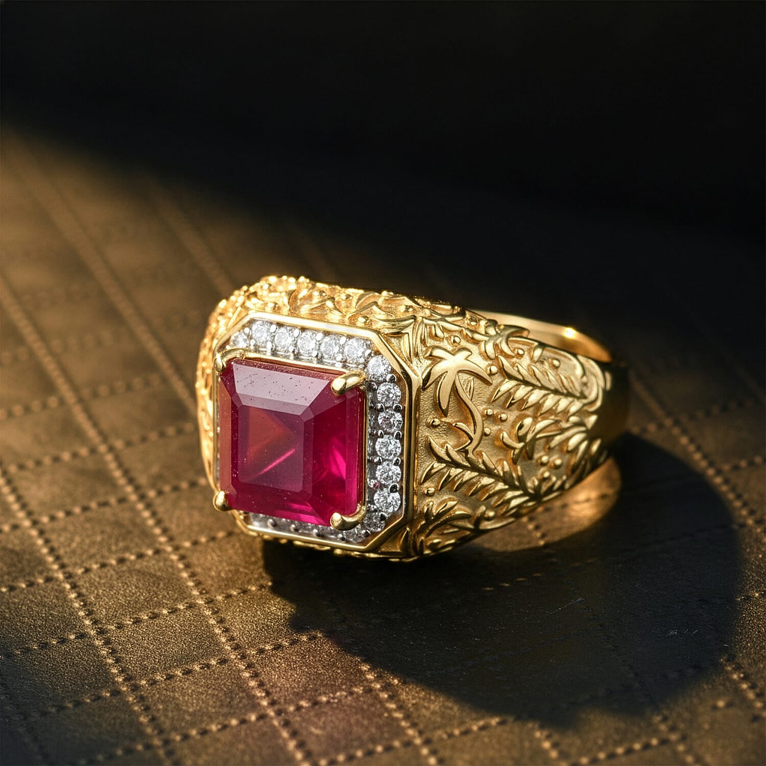 D'Joy Premium Niassa Ruby (FF) and Moissanite 5.40 ctw Men's Ring in 18K Vermeil Yellow Gold Over Sterling Silver (Size 10.0)