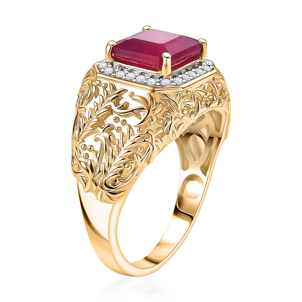 D'Joy Premium Niassa Ruby (FF) and Moissanite 5.40 ctw Men's Ring in 18K Vermeil Yellow Gold Over Sterling Silver (Size 10.0)