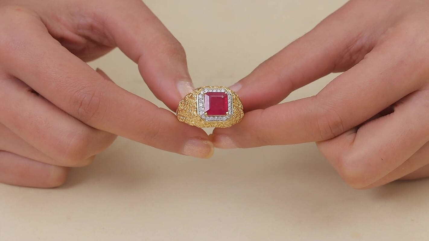 D'Joy Premium Niassa Ruby (FF), Moissanite Ring in 18K Vermeil YG Over Sterling Silver (Size 10.0) 5.40 ctw