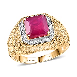 D'Joy Premium Niassa Ruby (FF) and Moissanite 5.40 ctw Men's Ring in 18K Vermeil Yellow Gold Over Sterling Silver (Size 12.0)