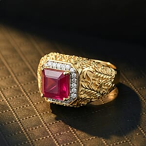 D'Joy Premium Niassa Ruby (FF) and Moissanite 5.40 ctw Men's Ring in 18K Vermeil Yellow Gold Over Sterling Silver (Size 12.0)