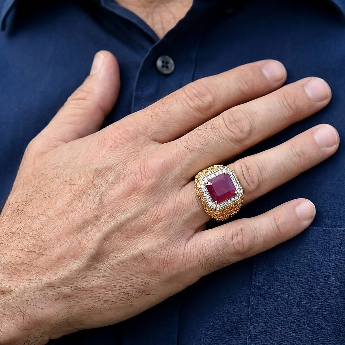 D'Joy Premium Niassa Ruby (FF) and Moissanite 5.40 ctw Men's Ring in 18K Vermeil Yellow Gold Over Sterling Silver (Size 12.0) image number 2