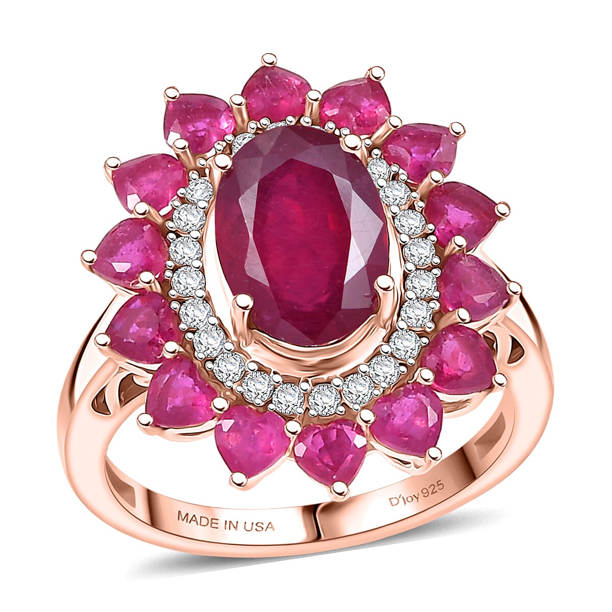D'Joy Premium Niassa Ruby (FF), Moissanite Crown Heart Halo Ring in 18K Vermeil RG Over Sterling Silver (Size 10.0) 6.60 ctw