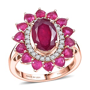 D'Joy Premium Niassa Ruby (FF) and Moissanite 6.60 ctw Crown Heart Halo Ring in 18K Vermeil Rose Gold Over Sterling Silver (Size 9.0)