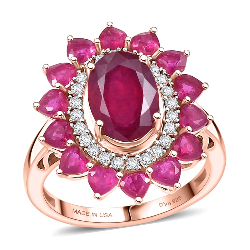 Doorbuster D'Joy Premium Niassa Ruby (FF) and Moissanite 6.60 ctw Crown Heart Halo Ring in 18K Vermeil Rose Gold Over Sterling Silver (Size 9.0)
