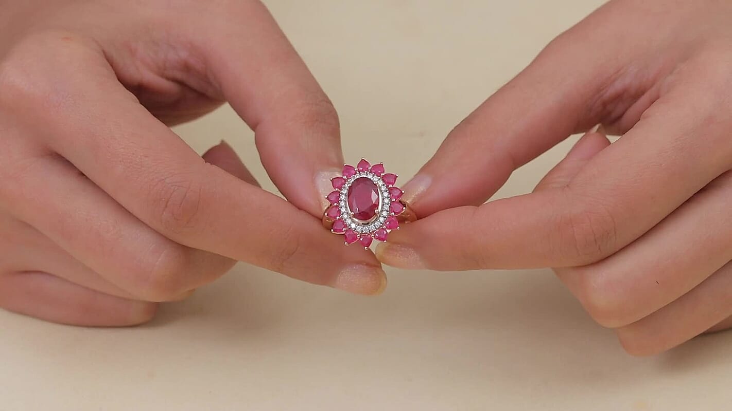 D'Joy Premium Niassa Ruby (FF), Moissanite Crown Heart Halo Ring in 18K Vermeil RG Over Sterling Silver (Size 10.0) 6.60 ctw