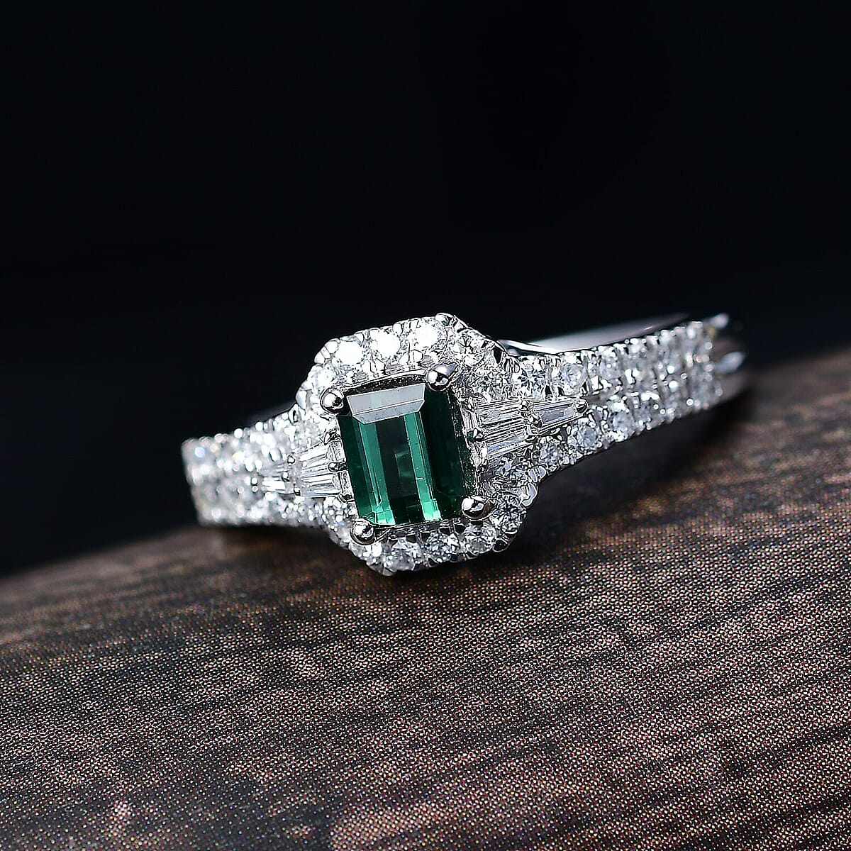  Certified & Appraised Luxoro AAA Pirineu Lagoon Tourmaline and G-H I2 Diamond 1.30 ctw Art Deco Ring in 10K White Gold (Size 6.5) image number 1