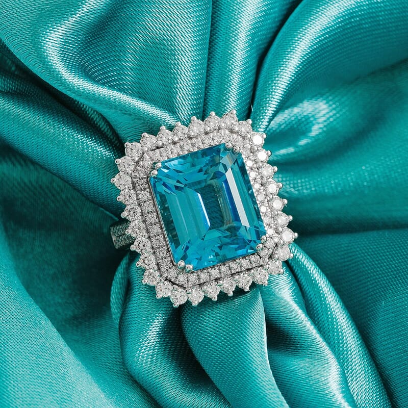 Chairman Collection Certified & Appraised Rhapsody AAAA Santa Maria Aquamarine and E-F VS Diamond 13.46 ctw Ring in 950 Platinum (Size 6.0) 18.33 Grams