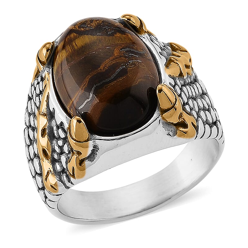 Yellow Tiger's Eye 4.00 ctw Two-tone Men's Ring in Stainless Steel (Size 8.5)