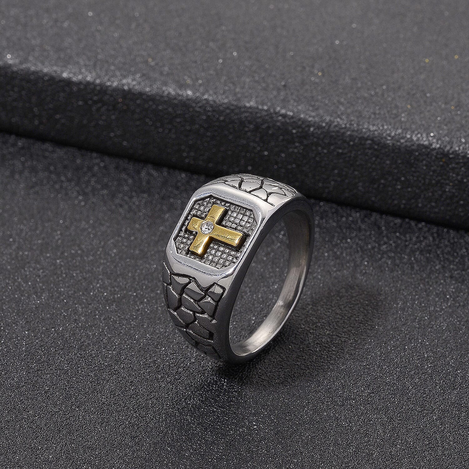 Austrian Crystal Faith Line Men's Ring in ION Plated YG and Stainless Steel (Size 8.5)