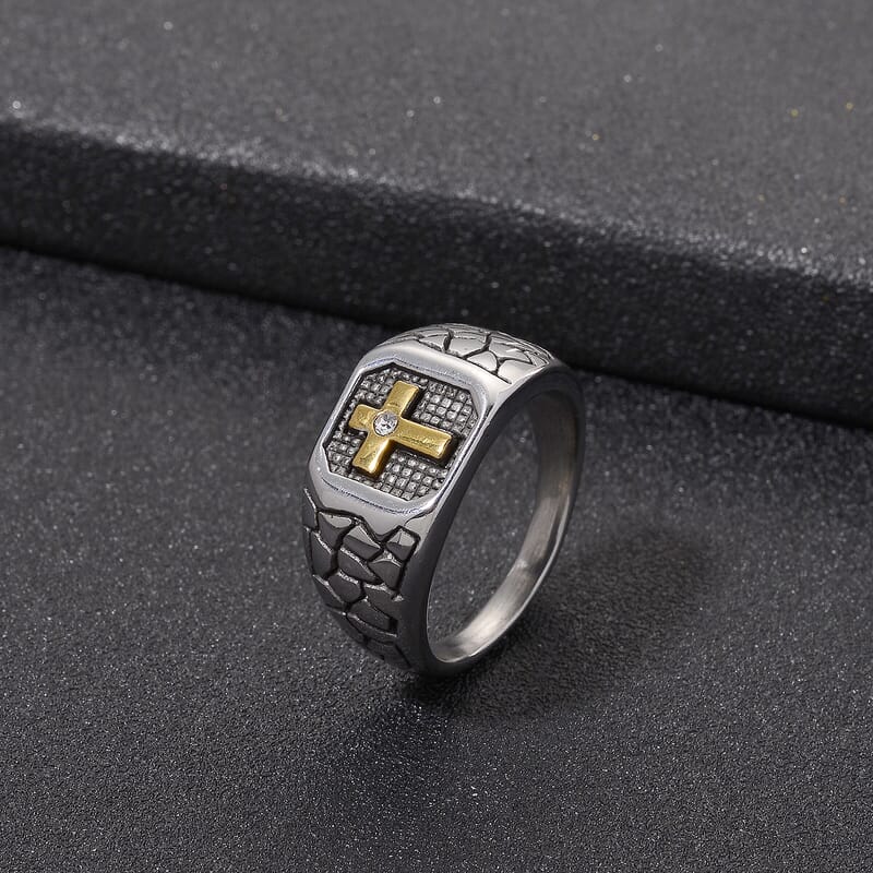 Austrian Crystal Faith Line Men's Ring in ION Plated YG and Stainless Steel (Size 9.75)