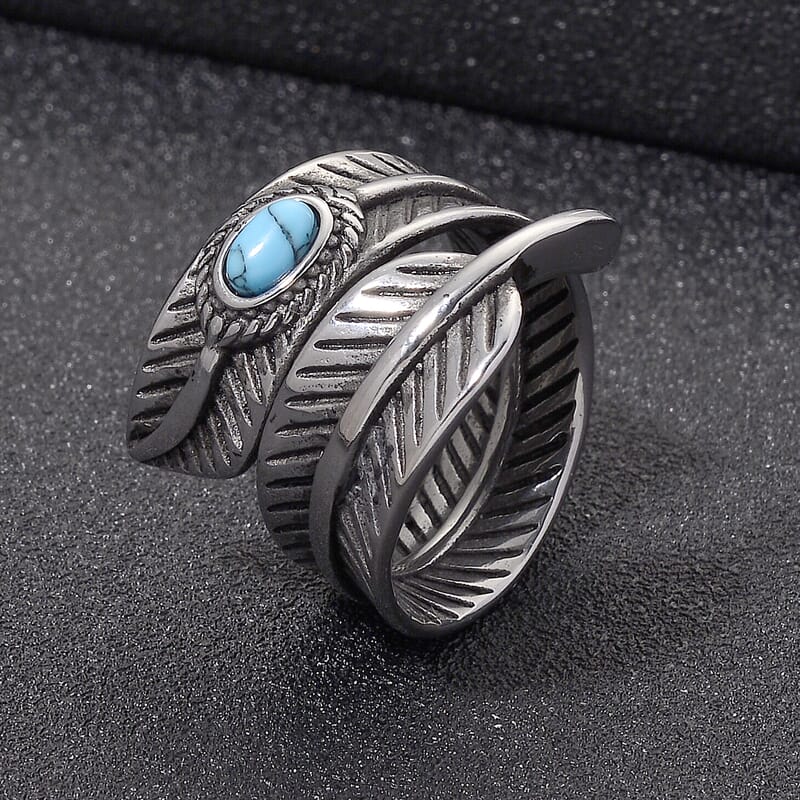 Blue Howlite 0.30 ctw Feather Men's Ring in Stainless Steel (Size 10.0)