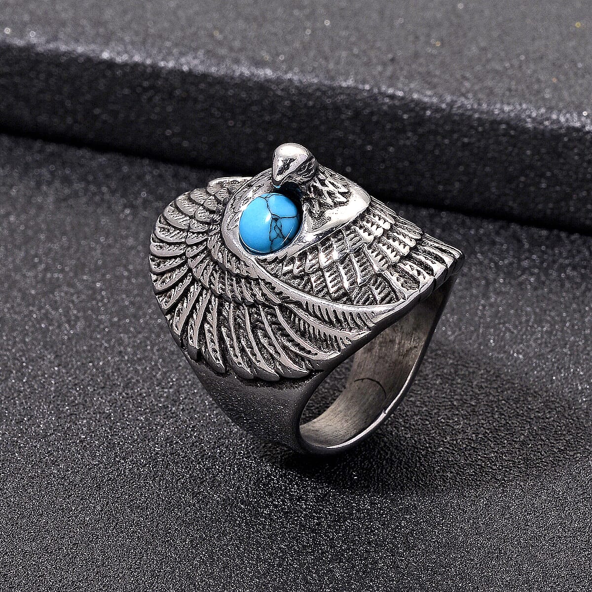 Blue Howlite 0.30 ctw Eagle Men's Ring in Stainless Steel (Size 10.0) image number 1