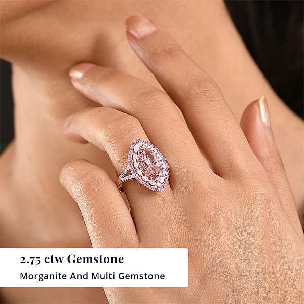 D'Joy Premium Pink Morganite, Multi Gemstone Ring in 18K Vermeil RG Over Sterling Silver (Size 10.0) 2.75 ctw