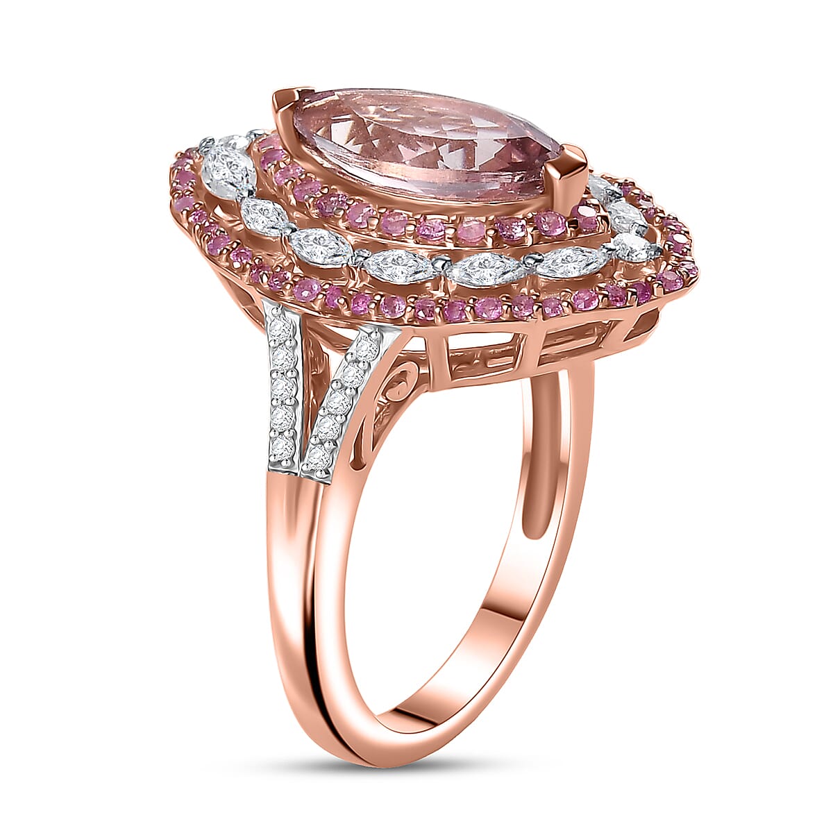 D'Joy Premium Pink Morganite and Multi Gemstone 2.75 ctw Love Empress Ring in 18K Vermeil Rose Gold Over Sterling Silver (Size 7.0) image number 3