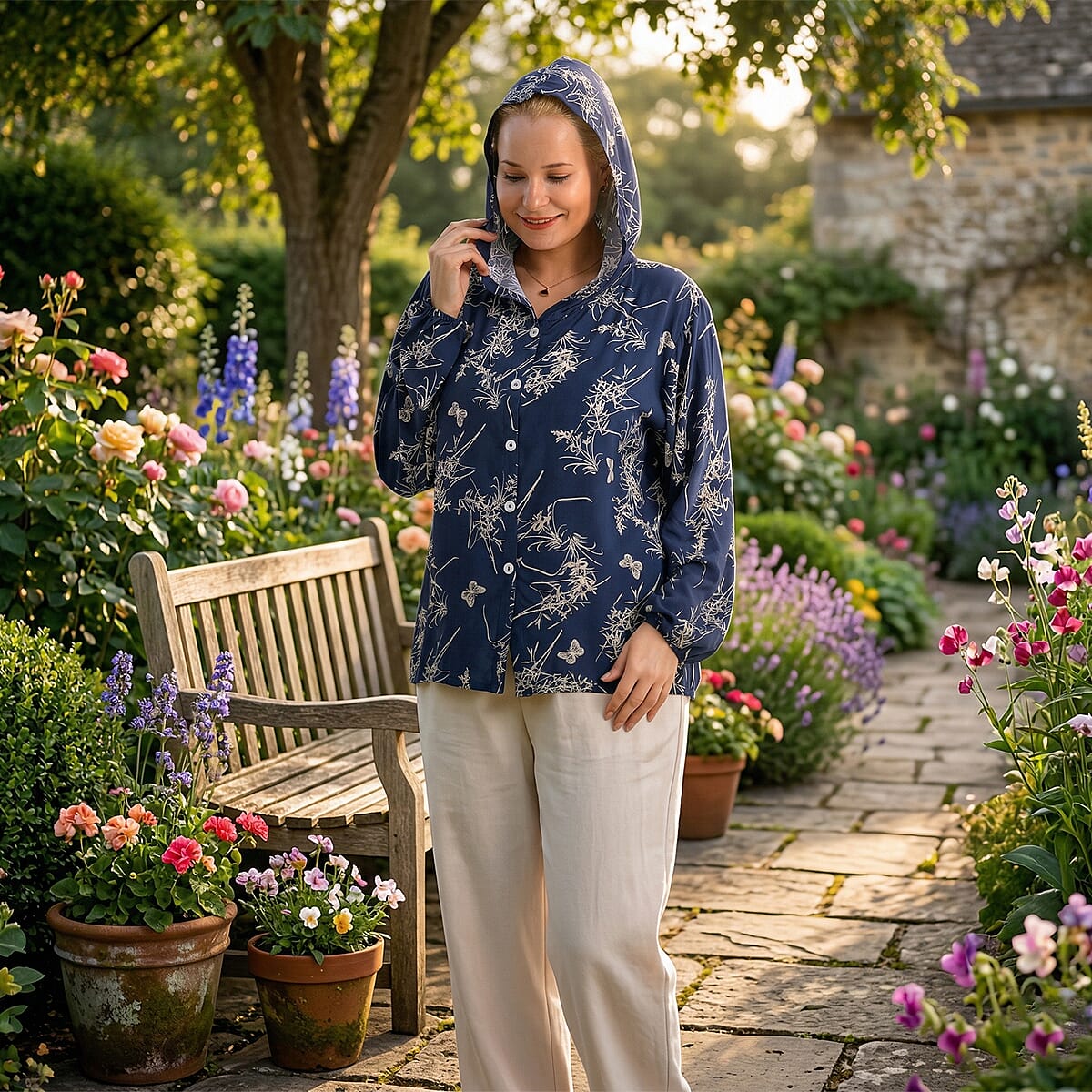 La Marey Navy Butterfly Printed Long Sleeve Hooded Top - S/M image number 1