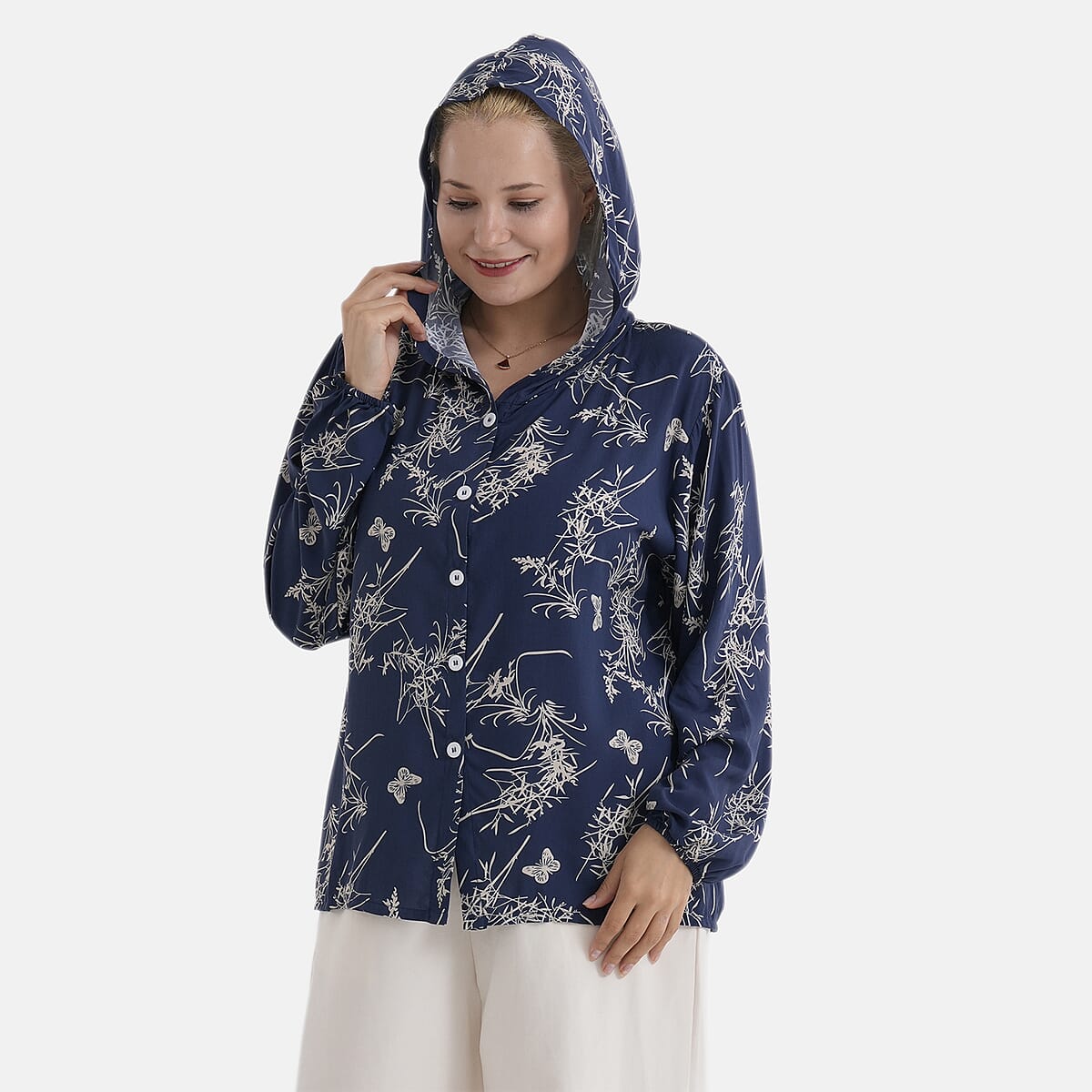 La Marey Navy Butterfly Printed Long Sleeve Hooded Top - S/M image number 4