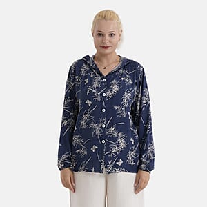 La Marey Navy Butterfly Printed Long Sleeve Hooded Top - L/XL