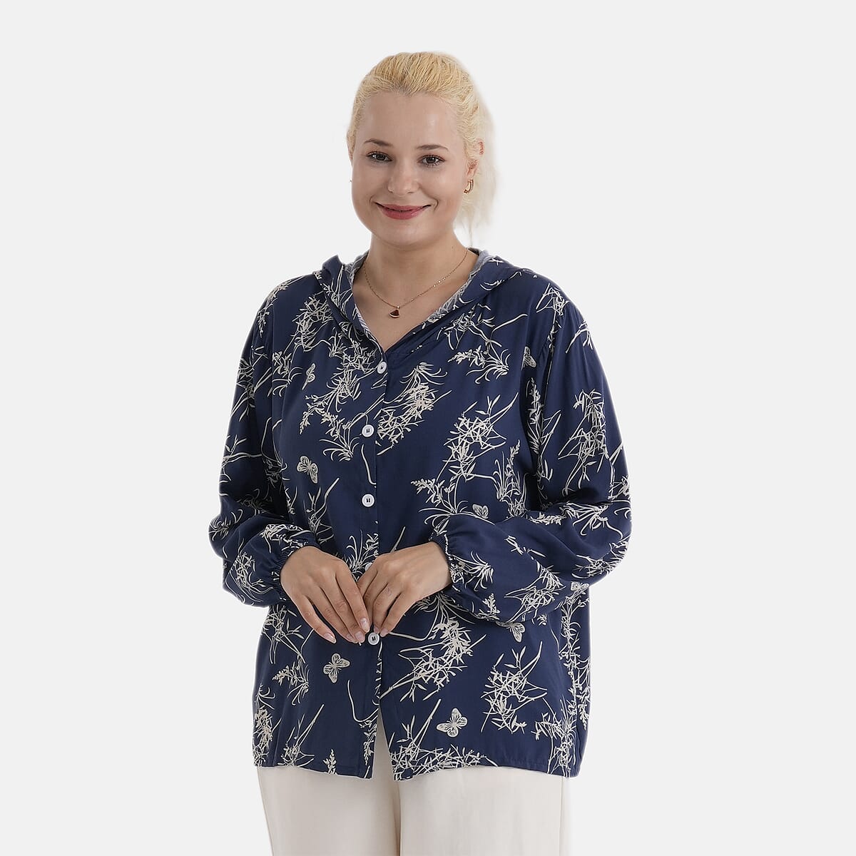 La Marey Navy Butterfly Printed Long Sleeve Hooded Top - L/XL image number 3