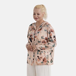 La Marey Beige Floral Printed Long Sleeve Hooded Top - S/M