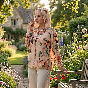 La Marey Beige Floral Printed Long Sleeve Hooded Top - L/XL
