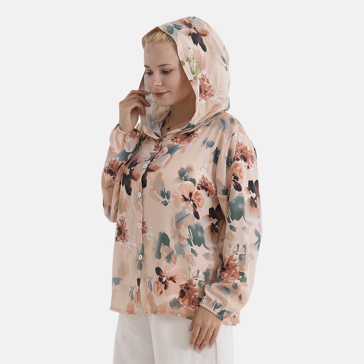 La Marey Beige Floral Printed Long Sleeve Hooded Top - L/XL image number 4