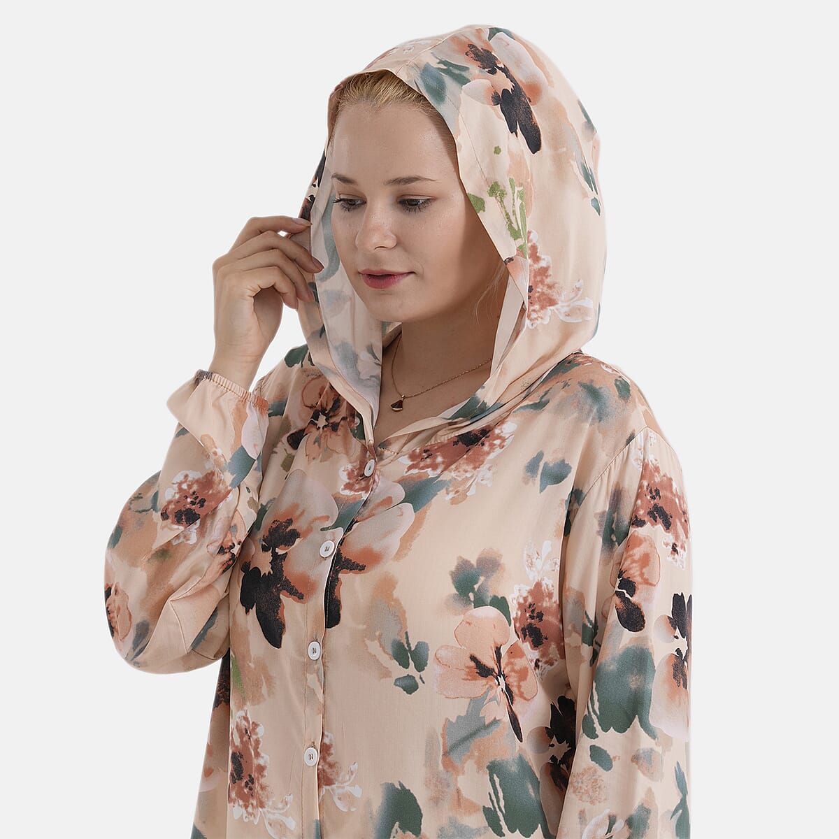 La Marey Beige Floral Printed Long Sleeve Hooded Top - L/XL image number 5