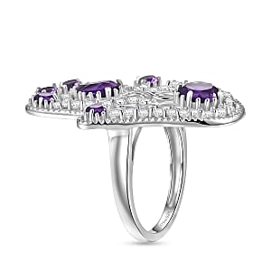 D'Joy African Amethyst and White Zircon 4.15 ctw Hamsa Ring in Rhodium Over Sterling Silver (Size 10.0)