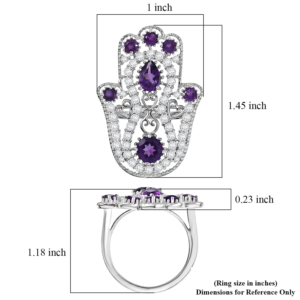 D'Joy African Amethyst and White Zircon 4.15 ctw Hamsa Ring in Rhodium Over Sterling Silver image number 5