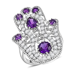 D'Joy African Amethyst and White Zircon 4.15 ctw Hamsa Ring in Rhodium Over Sterling Silver (Size 5.0)
