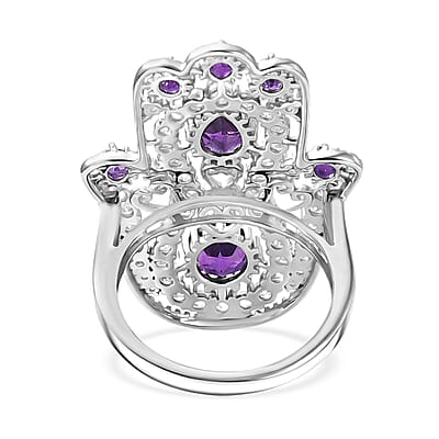 D'Joy Passport to Israel African Amethyst and White Zircon 4.15 ctw Hamsa Ring in Rhodium Over Sterling Silver (Size 5.0)