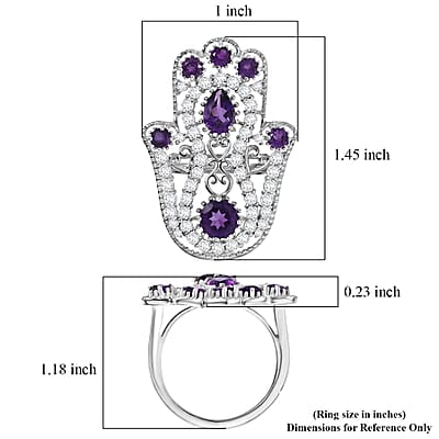 D'Joy Passport to Israel Premium African Amethyst and White Zircon 4.15 ctw Hamsa Ring in Rhodium Over Sterling Silver (Size 6.0)