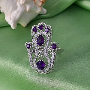 D'Joy African Amethyst and White Zircon 4.15 ctw Hamsa Ring in Rhodium Over Sterling Silver (Size 7.0)