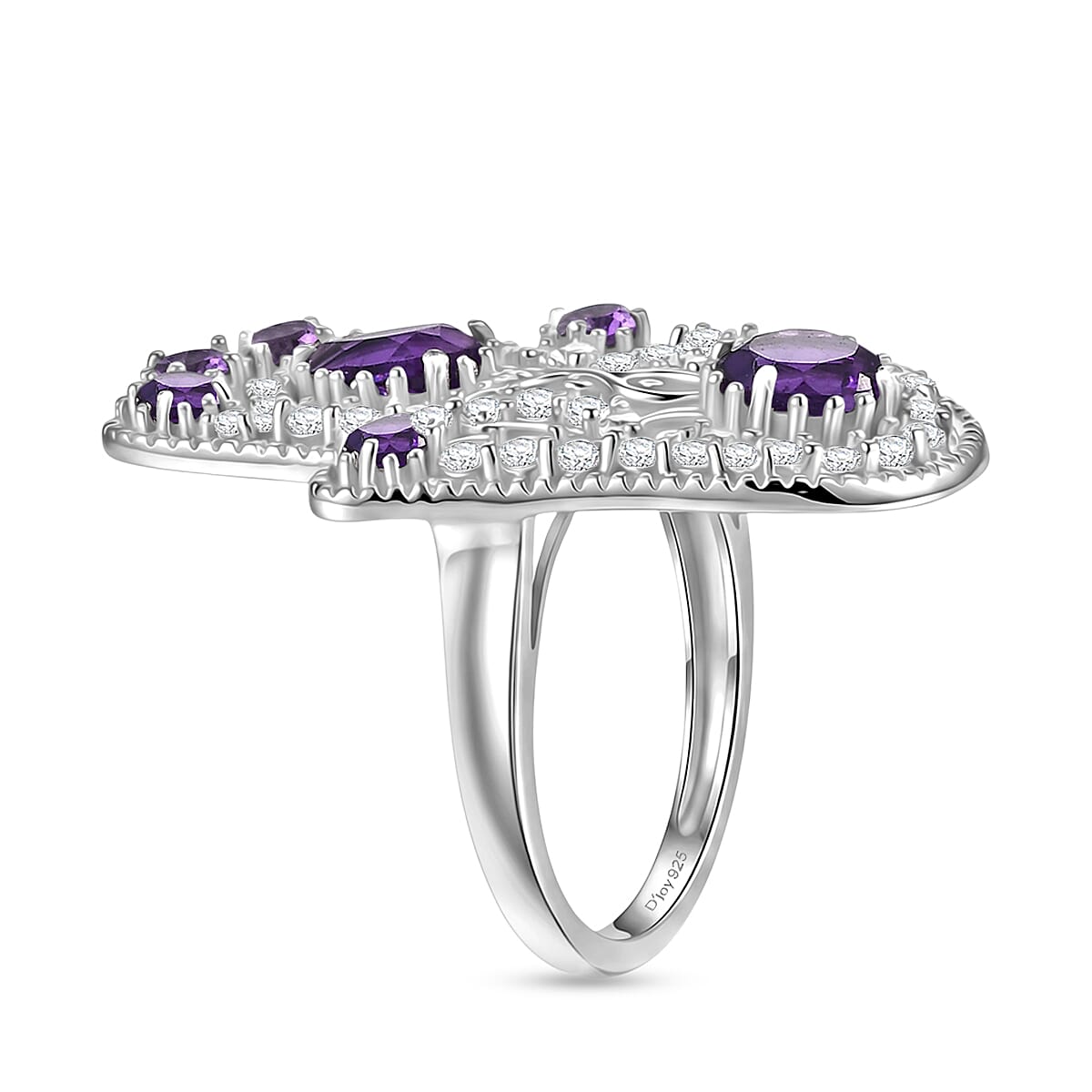 D'Joy African Amethyst and White Zircon 4.15 ctw Hamsa Ring in Rhodium Over Sterling Silver (Size 7.0) image number 3