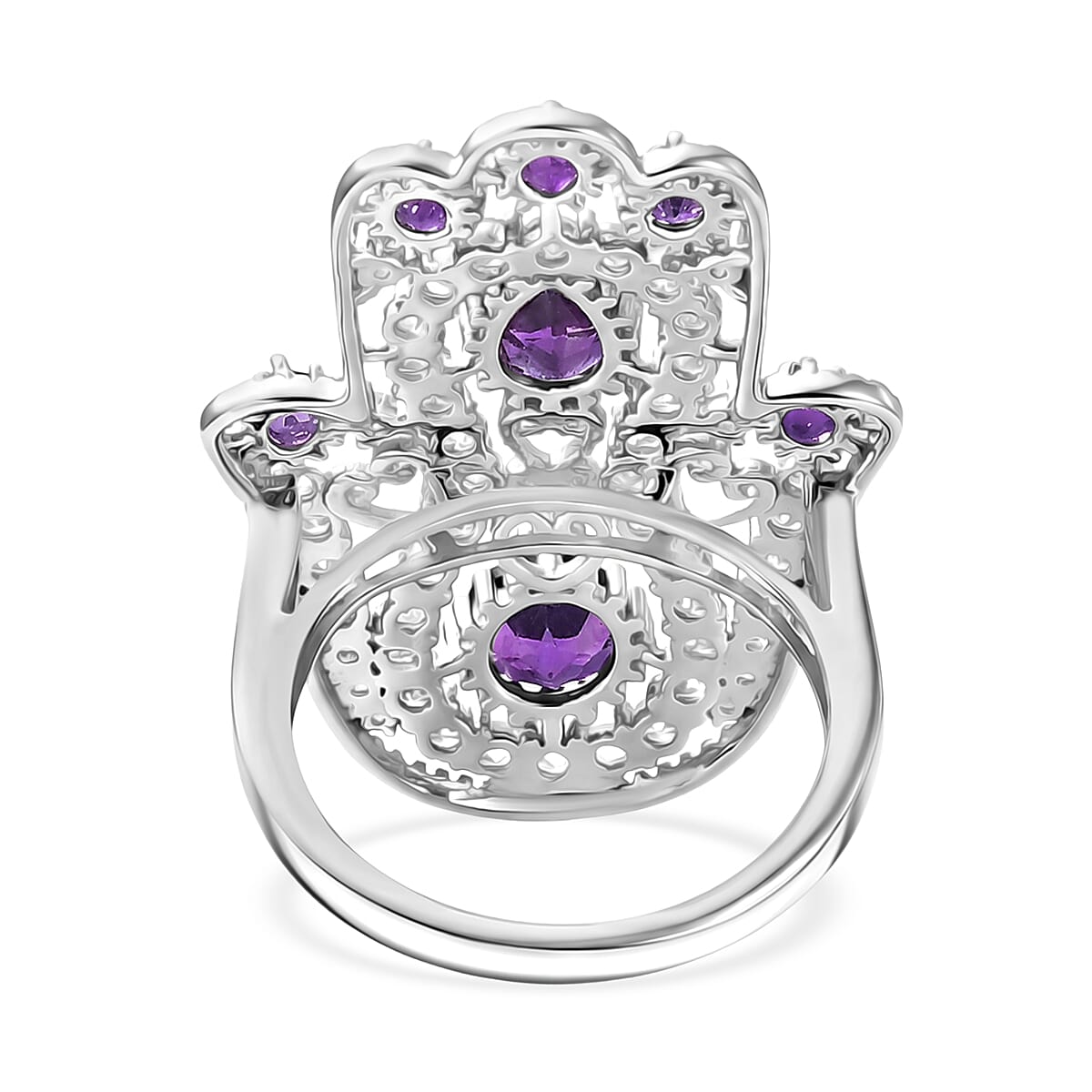 D'Joy African Amethyst and White Zircon 4.15 ctw Hamsa Ring in Rhodium Over Sterling Silver (Size 7.0) image number 4