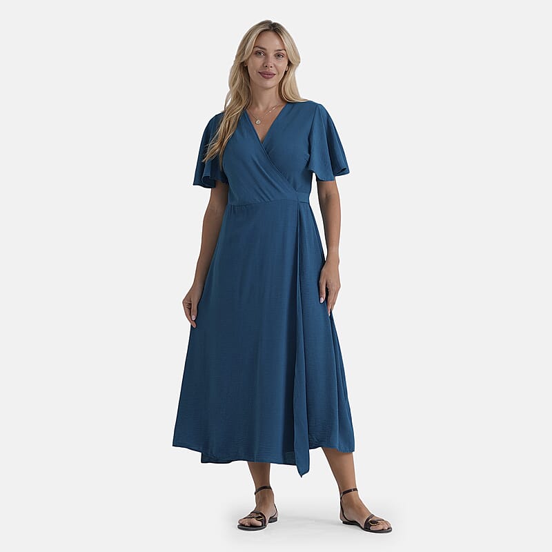 LA Marey Teal Flutter Sleeve Wrap Dress - One Size Missy