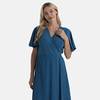 LA Marey Teal Flutter Sleeve Wrap Dress - One Size Missy