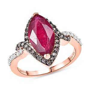 D'Joy Premium Niassa Ruby (FF), Champagne and White Zircon 4.50 ctw Flame Marquise Ring in 18K Vermeil Rose Gold Over Sterling Silver (Size 10.0)