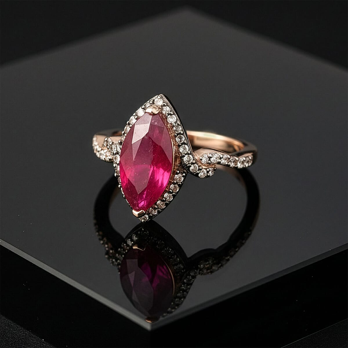 D'Joy Premium Niassa Ruby (FF), Champagne and White Zircon 4.50 ctw Flame Marquise Ring in 18K Vermeil Rose Gold Over Sterling Silver (Size 10.0) image number 1