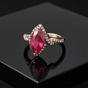 D'Joy Premium Niassa Ruby (FF), Champagne and White Zircon 4.50 ctw Flame Marquise Ring in 18K Vermeil Rose Gold Over Sterling Silver (Size 10.0)