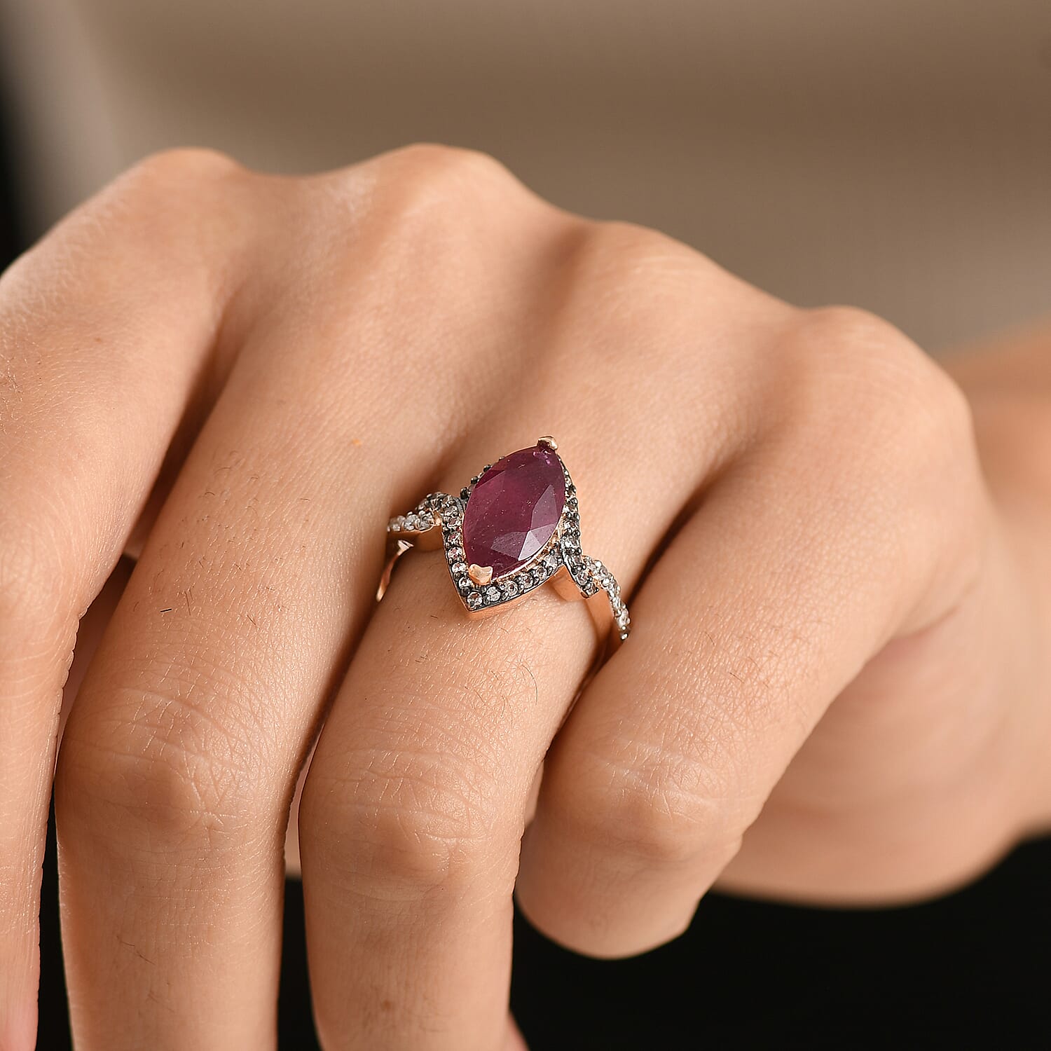 D'Joy Premium Niassa Ruby (FF), Champagne and White Zircon 4.50 ctw Flame Marquise Ring in 18K Vermeil Rose Gold Over Sterling Silver (Size 10.0)