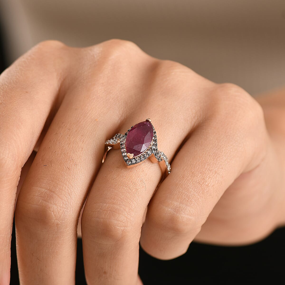 D'Joy Premium Niassa Ruby (FF), Champagne and White Zircon 4.50 ctw Flame Marquise Ring in 18K Vermeil Rose Gold Over Sterling Silver (Size 10.0) image number 2