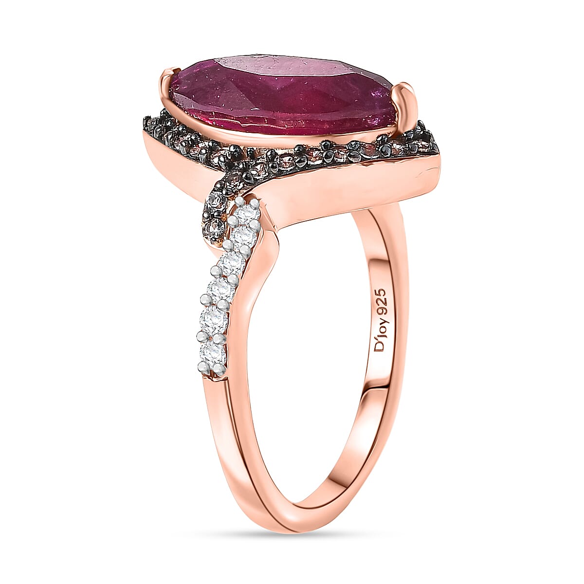 D'Joy Premium Niassa Ruby (FF), Champagne and White Zircon 4.50 ctw Flame Marquise Ring in 18K Vermeil Rose Gold Over Sterling Silver (Size 10.0) image number 3