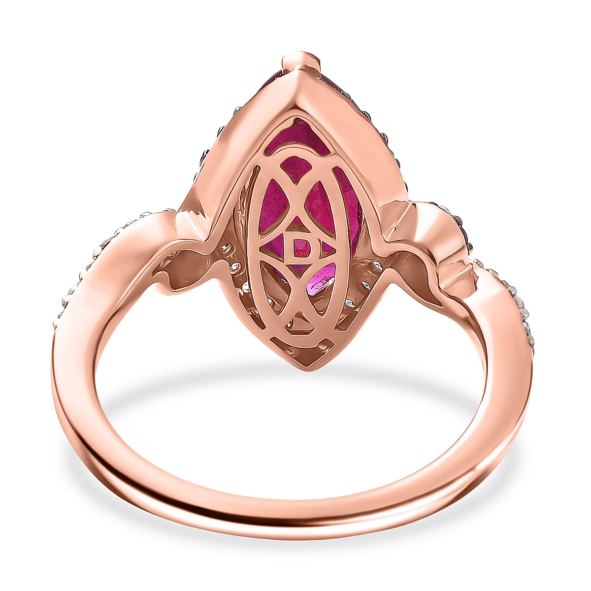 D'Joy Premium Niassa Ruby (FF), Champagne and White Zircon 4.50 ctw Flame Marquise Ring in 18K Vermeil Rose Gold Over Sterling Silver (Size 10.0) image number 4