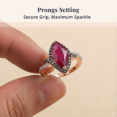 D'Joy Premium Niassa Ruby (FF), Champagne and White Zircon 4.50 ctw Flame Marquise Ring in 18K Vermeil Rose Gold Over Sterling Silver (Size 10.0)