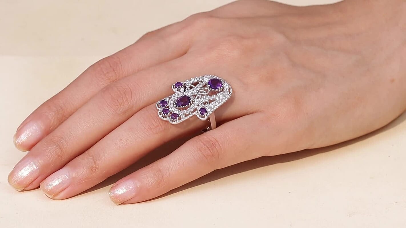 D'Joy African Amethyst and White Zircon 4.15 ctw Hamsa Ring in Rhodium Over Sterling Silver