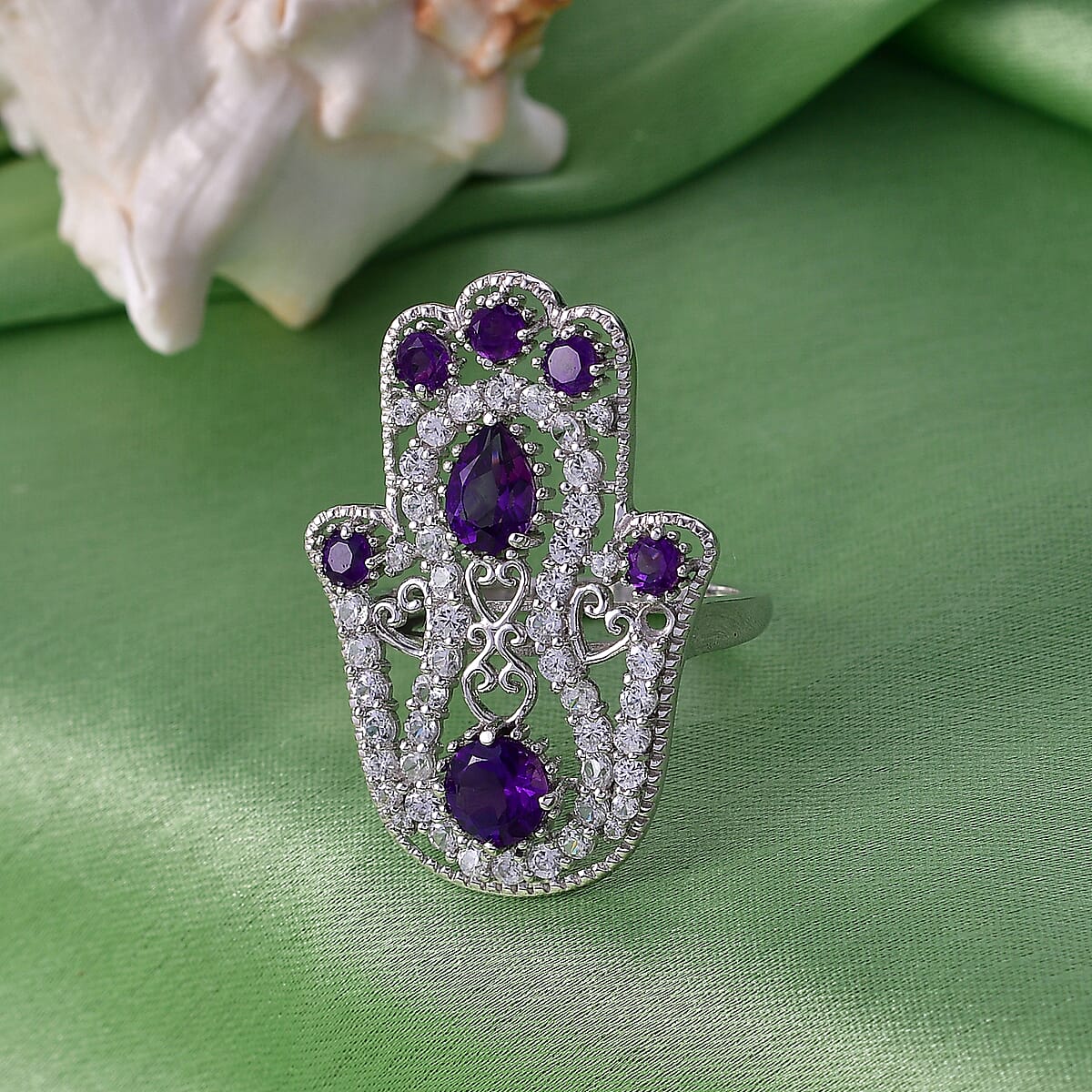 D'Joy African Amethyst and White Zircon 4.15 ctw Hamsa Ring in Rhodium Over Sterling Silver (Size 9.0) image number 1