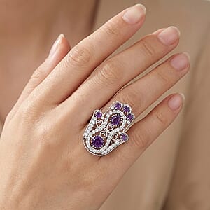 D'Joy African Amethyst and White Zircon 4.15 ctw Hamsa Ring in Rhodium Over Sterling Silver (Size 9.0)